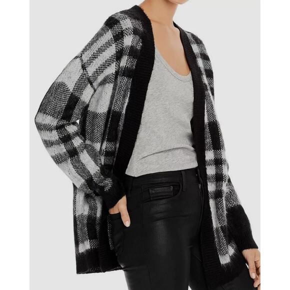 NWT AQUA Plaid Slouchy Cardigan Black White M Open Front Drop Shoulders $199 - Picture 1 of 9